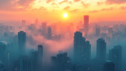 Fototapeta premium Sunrise over city skyline with misty atmosphere.Sunlight Streaming Through Fog Over Urban Skyscrapers