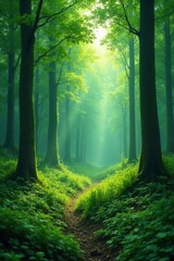 Obraz premium Green forest with tall trees and lush undergrowth, greenery, forest, natural