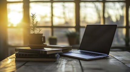 Fototapeta premium Books and laptop on a wooden table, radiating warmth and focus in golden light.