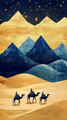 Caravan crossing a desert under a starry night.