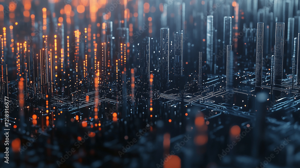 Poster a futuristic scene of a glowing abstract cityscape made of circuit-like patterns with vibrant orange