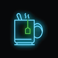 Fototapeta premium Neon sign illuminating a steaming mug with tea bag and spoon on a black background