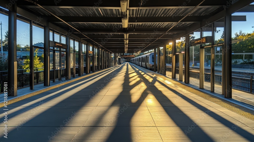 Poster sunlight streams through the structure of a modern train platform creating long shadows