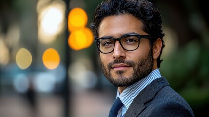 Fototapeta premium Confident hispanic young adult male in suit and glasses outdoors
