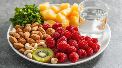 Delicious and Healthy Breakfast Plate with Fruits, Nuts, and Water