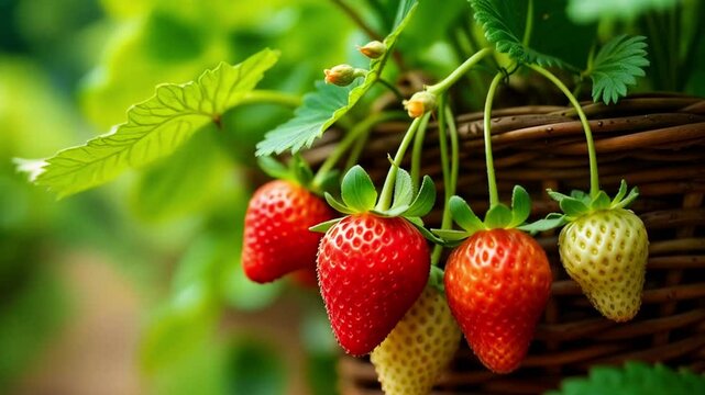Fresh strawberries growing in a lush garden during the summer season