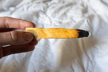 Wooden palo santo stick in the hand on the white background. Aroma therapy.