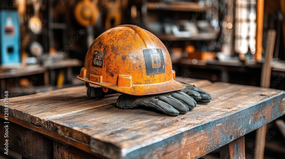 Poster a worn construction helmet and gloves resting on a rustic wooden table in a workshop filled with too
