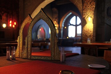 Ornate mirrors reflect dimly lit restaurant interior; medieval architecture, romantic ambiance; perfect for travel blogs