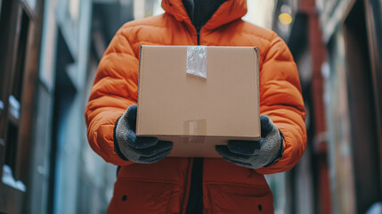 An individual wearing an orange jacket and gloves, holding a cardboard package on a winter street, symbolizing delivery, logistics, and modern urban services.
