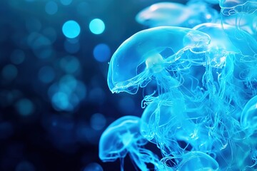 Obraz premium Two jellyfish with blue and purple bodies and long tentacles