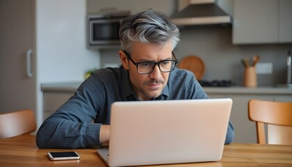 A man with gray-streaked hair and glasses sitting at a wooden table, looking stressed while using a laptop. The background features a modern kitchen with soft lighting, and a smartphone lies nearby. T