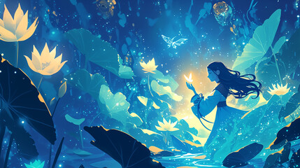 Obraz premium Enchanting Woman in Mystical Lotus Pond with Glowing Butterflies and Ethereal Light