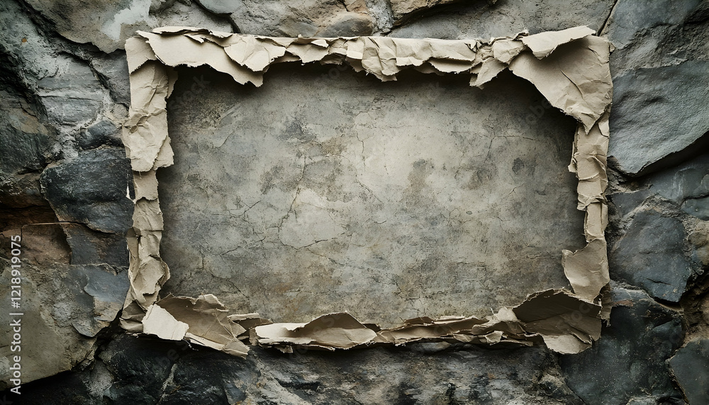 Poster rustic photo booth backdrop featuring a torn paper frame against a textured stone wall, designed to 