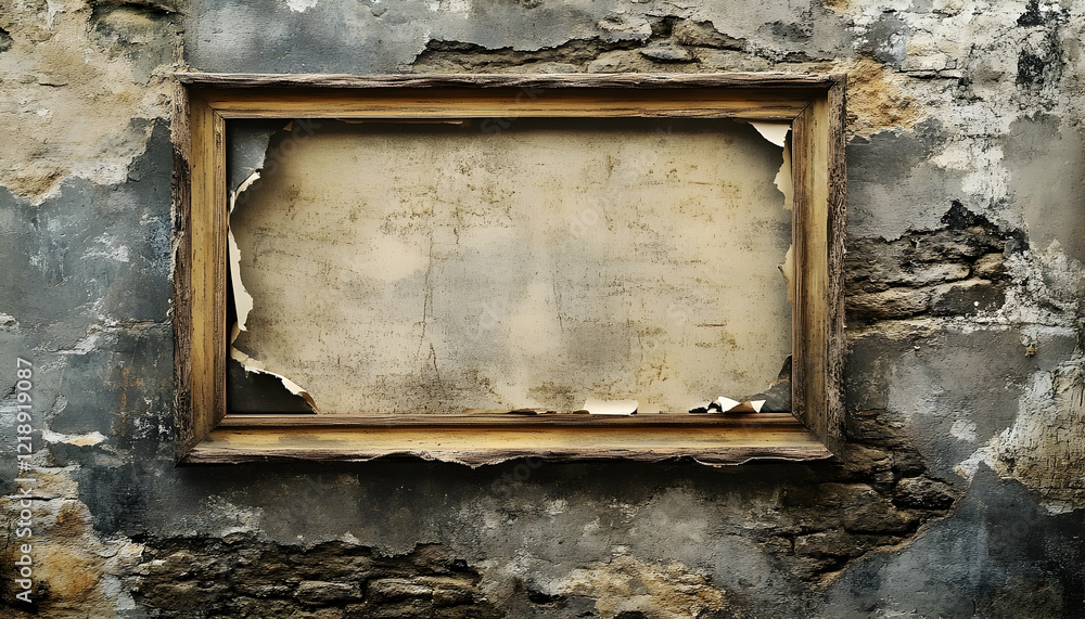 Poster rustic photo booth backdrop featuring a torn paper frame against a textured stone wall, designed to 
