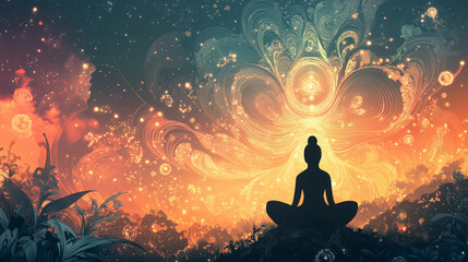 Cosmic Meditation in a Mystical Forest with Radiant Light and Swirling Energy