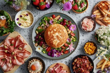 A vibrant spread of gourmet dishes featuring salads, meats, and desserts, beautifully arranged with edible flowers and fresh ingredients.