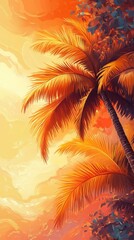 Obraz premium Golden sunset view from under palm trees