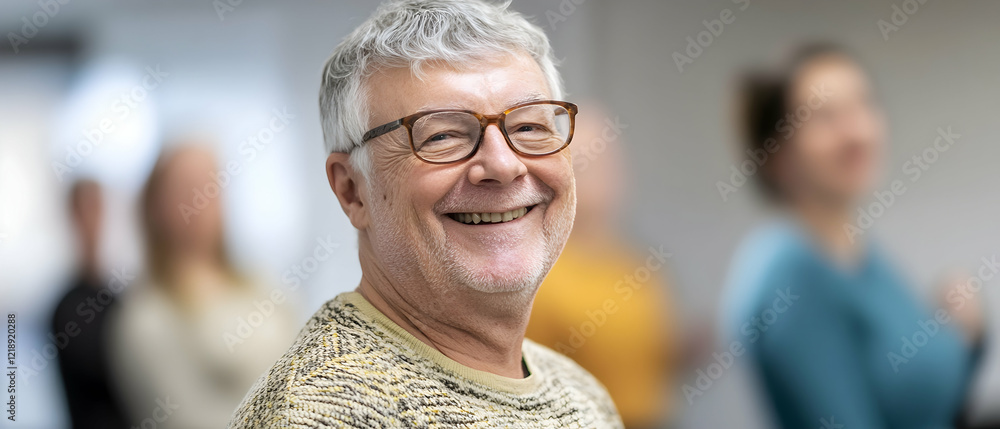 Poster seniors in a bright exercise class, smiling and using resistance bands, creating an energetic and we