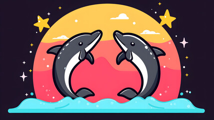 Obraz premium Playful dolphins jumping in vibrant sunset ocean scene digital illustration marine environment creative viewpoint