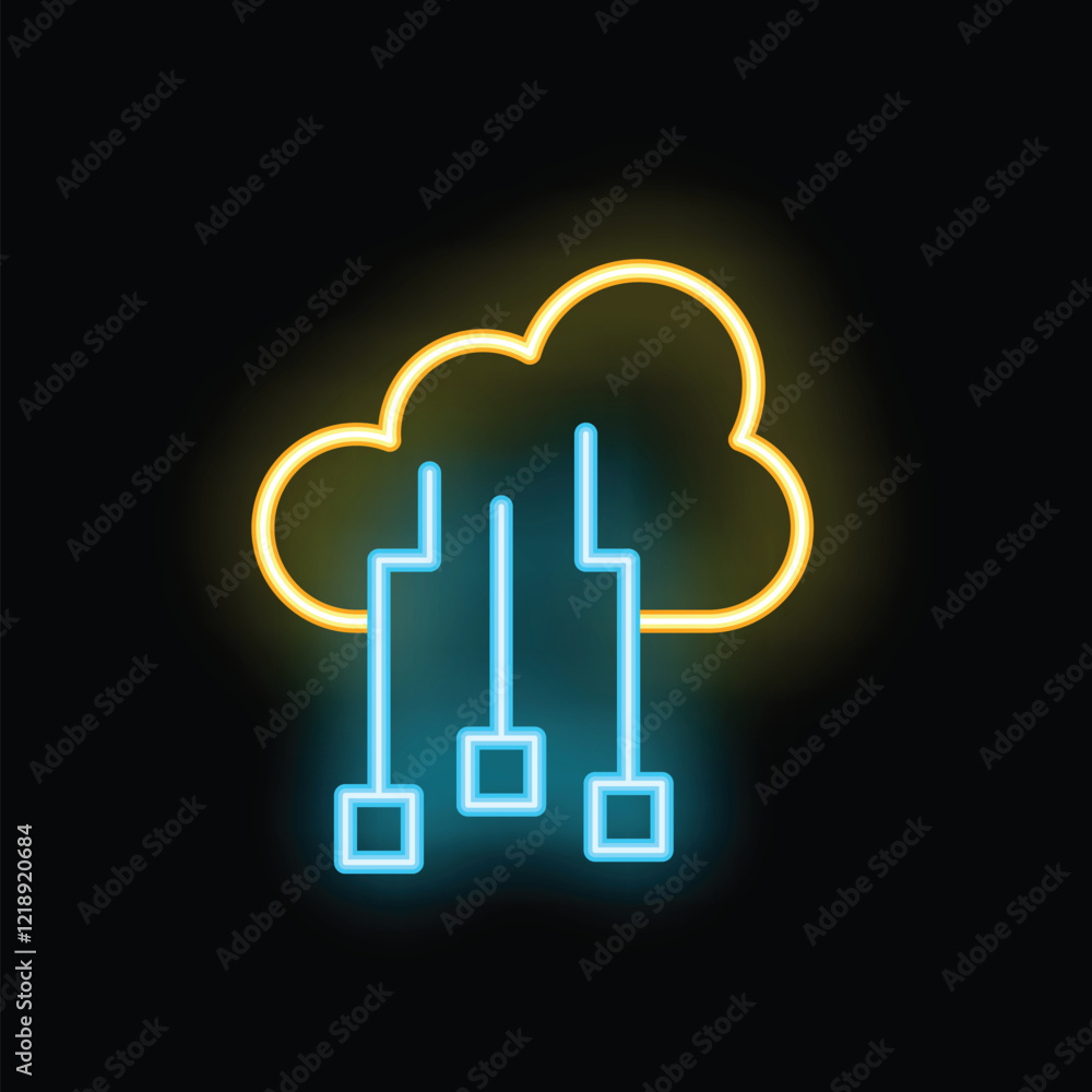 Poster neon glowing icon of cloud computing connecting to servers on a black background