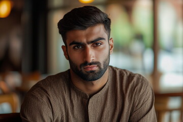 Obraz premium Portrait of handsome bearded Indian man looking at camera while sitting in cafe 