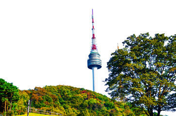 Namsan Mountain Seoul Tower isolate on transparent background, a popular tourist destination. in South Korea.