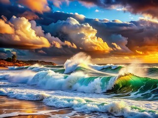 Fototapeta premium Dramatic Seascape: Stormy Winds, Foaming Crests, Ocean Waves