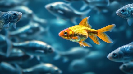 Fototapeta premium Glowing orange goldfish swimming against the tide underwater marine life photography peaceful aquarium setting