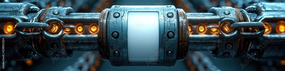 Poster futuristic machine chain with glowing elements and blank panel