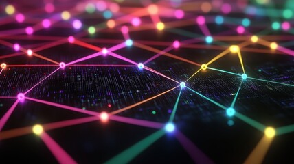 Dynamic interlinked neon nodes digital space abstract art futuristic environment aerial view connectivity concept
