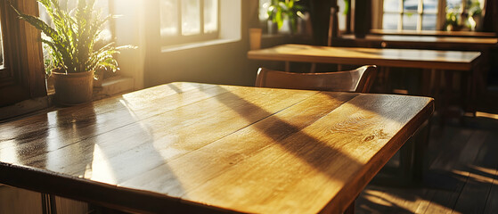 Fototapeta premium Sunlit oak table in a cozy caf?(C) with natural woodgrain and warm lighting -
