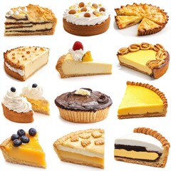 Assorted delicious pies and cheesecakes, studio shot, food photography, bakery menu