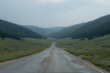A winding road stretches through lush green valleys under a cloudy sky, surrounded by rolling hills and dense forests.