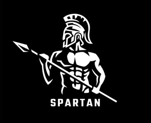 Spartan warrior with helmet and spear on a dark background.