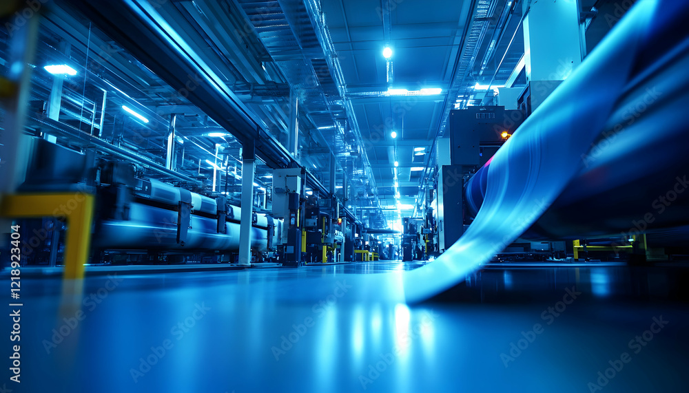 Poster the production floor of a large digital printing company, featuring print machines that create packa