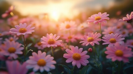 Pink daisies blooming in field at sunset