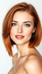 Naklejka premium Beautiful young woman with cute smile and red hair on white background.