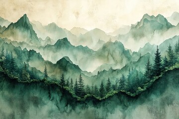 Misty Mountain Majesty: A Watercolor Landscape of Serene Peaks and Verdant Forests