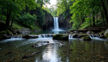 Naklejka premium Waterfall Cascading into Pool with Flowing River and Lush Green Forest Surrounding for Concept World Water Day 