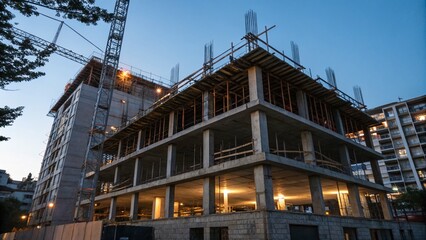 Low Light Construction Site: Unfinished Multi-Story Building Against Blue Sky