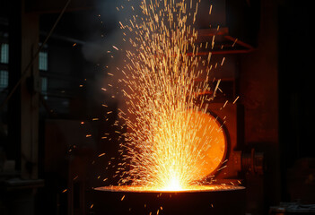 Molten metal is poured into a container, creating a spectacular shower of sparks in a bustling steel foundry during the evening.