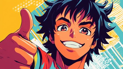 Vibrant Anime J-Style Teen Guy Smiling Brightly with Thumbs-Up Gesture in Monochrome Minimalist Background