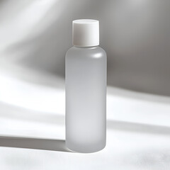 Frosted glass bottle with white cap. Minimalist product display on a light background, perfect for mockups or branding.