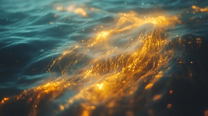 A close up of kelp strands with air bladders glowing underwater