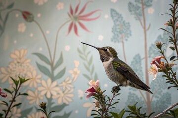 Fototapeta premium Low Light Hummingbird Close-up: Abstract Floral Painting, Artistic Bird Photography