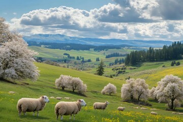 Sheep grazing in a field with blooming trees and rolling hills in the background