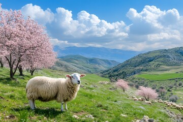 Sheep grazing in green meadow with blooming almond trees in Andalusia, Spain