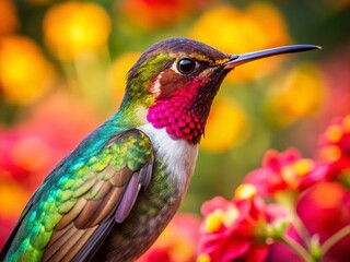 Fototapeta premium Low Light Macro: Hummingbird Pollinating Vibrant Flower