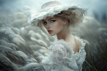 Fototapeta premium Blonde woman wearing white dress and hat posing in a field of tall grass